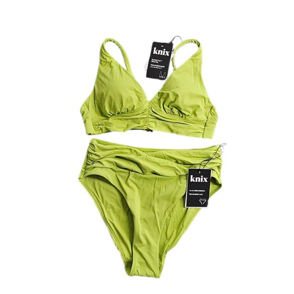 Knix Ruched Bikini Top & Ruched Bikini Bottoms, Chartreuse, S Top/Bot, 32A-DD - Picture 1 of 6